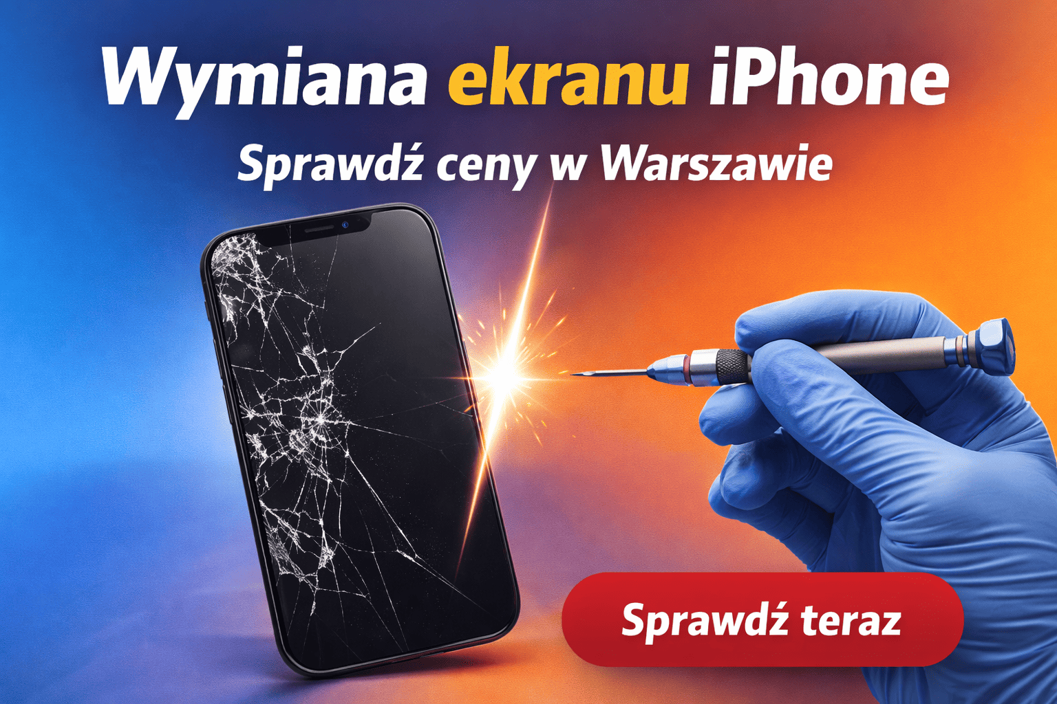Wymiana ekranu iPhone – nowoczesny profesjonalny serwis z ręką technika i pękniętym ekranem, Warszawa