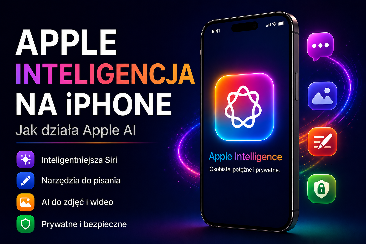 Apple Inteligencja na iPhone – jak działa Apple AI, inteligentniejsza Siri, narzędzia do pisania, AI do zdjęć i wideo oraz prywatne funkcje bezpieczeństwa.