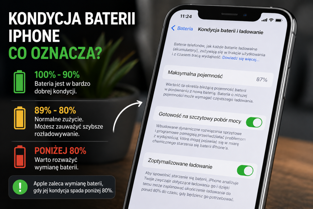 Infografika pokazująca poziomy kondycji baterii iPhone (100–90%, 89–80%, poniżej 80%) oraz ekran ustawień baterii w iOS z maksymalną pojemnością 87%.
