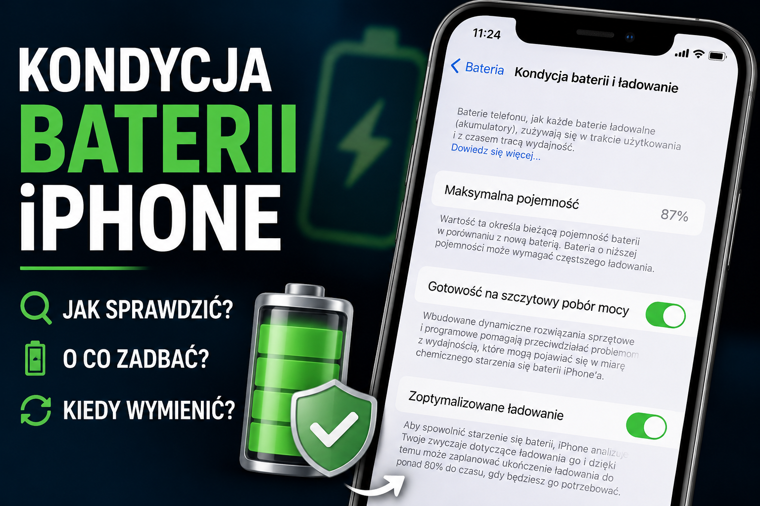 Miniatura z napisem „Kondycja baterii iPhone” oraz ekranem ustawień baterii w iOS pokazującym maksymalną pojemność i zoptymalizowane ładowanie.